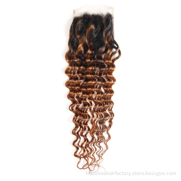 High Density Dark Roots 1B30 Deep Wave Raw Virgin 4*4 Lace Frontal Closure